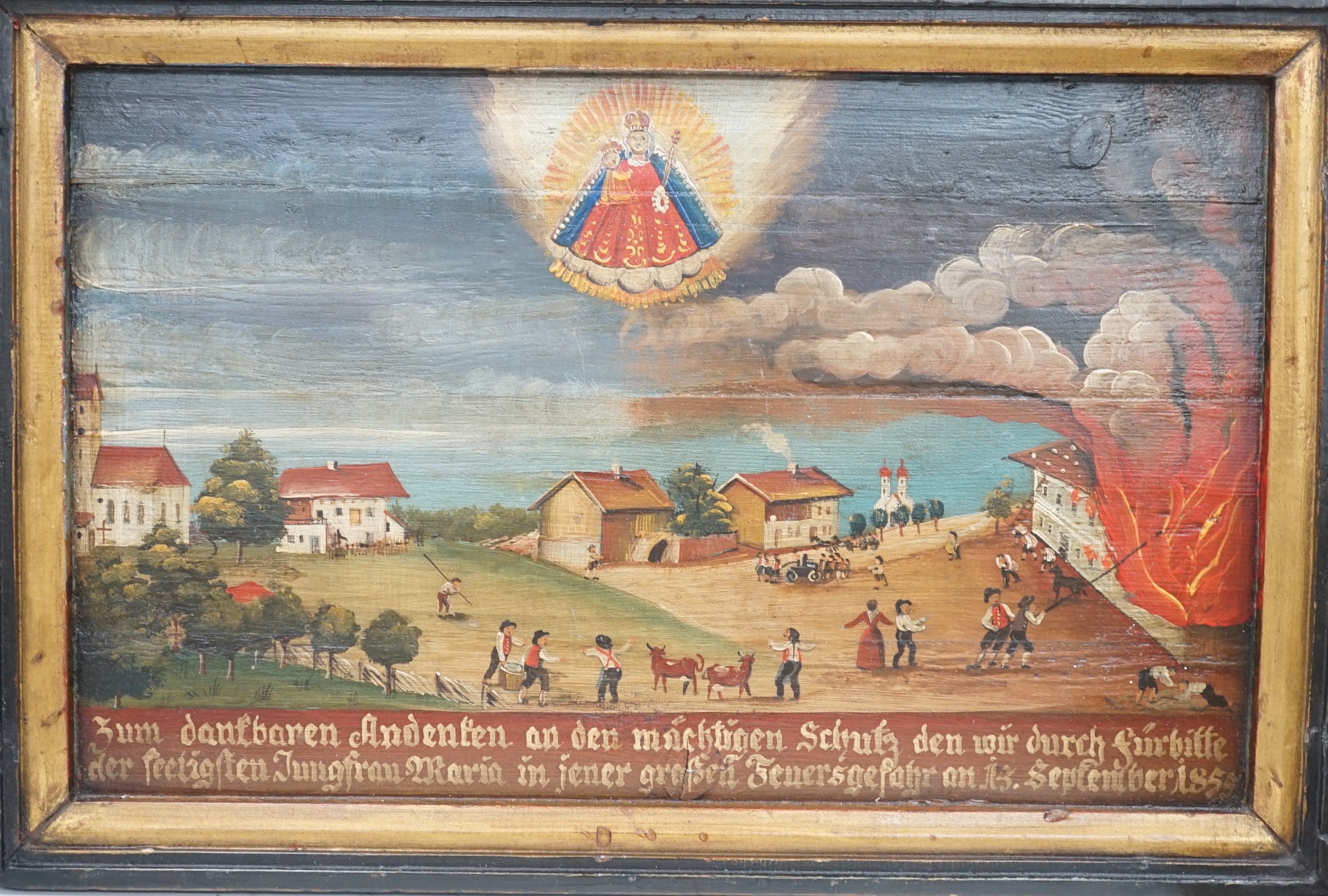 19th century German School, oil on wooden panel, Village scene with figures fire fighting, inscribed and dated 1855, 30 x 47cm